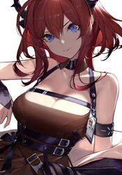  arknights armband bare_shoulders belt black_belt black_dress breasts calder chinese_commentary cleavage commentary_request corrupted_metadata dress female hair_between_eyes head_tilt horns infection_monitor_(arknights) large_breasts long_hair looking_at_viewer off_shoulder purple_eyes red_hair simple_background sleeveless sleeveless_dress solo surtr_(arknights) upper_body white_background 