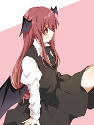  arm_support bat_wings black_necktie black_skirt black_vest feet_out_of_frame female from_above head_wings highres juliet_sleeves knees_up koakuma light_blush long_hair long_sleeves looking_at_viewer low_wings namori_(style) necktie pink_background puffy_sleeves red_eyes red_hair sasaki_sakiko sideways_glance sitting skirt solo touhou very_long_hair vest wing_collar wings 