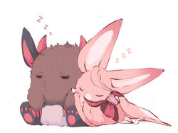  2_horns ambiguous_gender aster_(nu:_carnival) bat big_ears brown_body brown_fur clawed_fingers closed_eyes demon duo feral fluffy fur fur_markings hindpaw horn loyaldis mammal markings morvay_(nu:_carnival) neck_bow nu:_carnival pawpads paws pink_body pink_fur sitting sleeping wings 