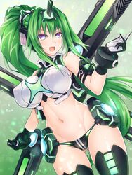  arm_strap bare_shoulders black_gloves blue_eyes breasts crop_top female from_side gloves green_hair green_heart_(neptunia) headgear horns kazuneko_(wktk1024) large_breasts long_hair navel neptune_(series) next_green open_mouth ponytail power_symbol power_symbol-shaped_pupils single_horn smile solo symbol-shaped_pupils thighhighs 