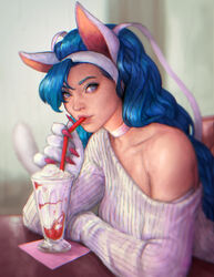  absurdres animal_ears animal_hands blue_eyes blue_hair body_fur cat_ears cat_girl cat_tail choker claws dorkartist drinking drinking_straw drinking_straw_in_mouth felicia_(vampire) female highres long_hair looking_at_viewer milkshake off-shoulder_sweater off_shoulder red_nails single_bare_shoulder sitting solo sweater tail vampire_(game) whipped_cream white_fur white_sweater 