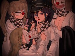  1boy 3girls bad_id bad_twitter_id black_headwear blonde_hair breasts checkered_clothes checkered_scarf cleavage clown_mask danganronpa_(series) danganronpa_v3:_killing_harmony dice_members_(danganronpa) hair_between_eyes hair_straightener hat highres long_sleeves mask multiple_girls oma_kokichi open_clothes open_mouth purple_eyes purple_hair renshu_usodayo scarf simple_background straitjacket twintails 