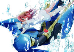  1boy :d air_bubble android arm_blade asagi_marin blue_skin blush brigadoon brown_hair bubble colored_skin dress eye_contact female green_eyes hug looking_at_another melan_blue red_eyes shino-o short_sleeves smile straight underwater weapon white_background white_dress 