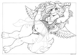  2020 absurd_res anthro bra breasts cleavage clothed clothing female hi_res line_art lingerie longinius lying monochrome on_back panties solo underwear unknown_species wings 