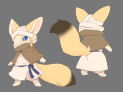  anthro bandage bandaged_head bandaged_leg barefoot big_ears blonde_hair blue_eyes braided_hair canid canine clothed clothing covered_mouth dipstick_tail feet female fennec_fox fox front_and_back fur grey_background hair headgear headwear hi_res kemono mammal markings model_sheet paws pink_nose poncho religious_clothing religious_headwear robe sash semi-anthro side_braid simple_background solo tail tail_markings tan_body tan_fur true_fox turban ukan_muri 