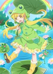  animal animal_hood blonde_hair boots female frog frog_hair_ornament frog_hood frog_raincoat hair_ornament hair_ribbon hood leaf_umbrella lily_pad long_hair monogatari_(series) monogatari_series_puc_puc official_art open_mouth oshino_shinobu outstretched_arm rainbow ribbon rubber_boots twintails watanabe_akio water_drop yellow_eyes yellow_footwear 