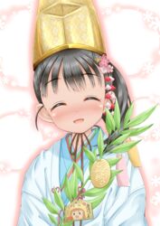  2020 :d ^_^ argyle_clothes argyle_hat black_hair blue_kimono blush closed_eyes coin commentary_request ema facing_viewer female floral_background fukuyama_mai gold hat highres ichihara_nina idolmaster idolmaster_cinderella_girls idolmaster_cinderella_girls_starlight_stage japanese_clothes kimono koban_(gold) long_hair open_mouth regular_mow smile solo upper_body yellow_hat 