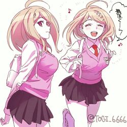  ahoge akamatsu_kaede artist_name backpack bag blonde_hair breasts closed_mouth collared_shirt commentary danganronpa_(series) danganronpa_v3:_killing_harmony female hair_ornament large_breasts long_hair long_sleeves looking_at_viewer miniskirt multiple_views musical_note musical_note_hair_ornament necktie pink_vest pleated_skirt profile randoseru red_necktie school_uniform shirt sideways_glance skirt smile speech_bubble togi9999 translated vest white_shirt 