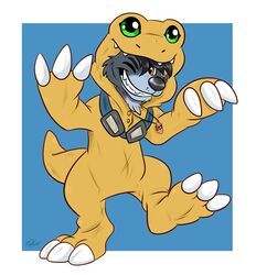  2017 agumon anthro bandai_namco black_hair canid canine clothed clothing digimon digimon_(species) digitigrade elemental_creature eyewear firedog firestone fur goggles grey_body grey_fur hair hi_res jewelry kigurumi male mammal necklace onesie orange_eyes pajamas paws raised_arm raised_leg razor_the_firedog stripes waywardmutt 