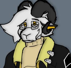  anthro black_clothing bovid caprine clothing eyewear fangs glasses innocent_smile korominas kyooto male mammal solo sweater teeth topwear turtleneck yellow_eyes yellow_sclera 