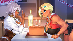  23_(real_xxiii) 2girls :d absurdres anniversary bare_shoulders black_headwear black_shorts blonde_hair blowing_candle blue_eyes bottle breasts brown_skirt cake candle cleavage collarbone commentary_request corset cowboy_shot crop_top cup dark-skinned_female dark_skin drawstring earrings food glasses grey_hair hair_ornament hairclip hat highres hood hood_down hooded_jacket indie_virtual_youtuber indoors jacket jewelry kagami_kana large_breasts leaning_forward midriff multiple_girls navel parted_bangs sakuta_mirin semi-rimless_eyewear shirt short_hair short_shorts shorts sidelocks sitting skirt sleeveless sleeveless_jacket smile standing stud_earrings table tama_project toned under-rim_eyewear unworn_hat unworn_headwear virtual_youtuber white_shirt yellow_eyes zipper_pull_tab 