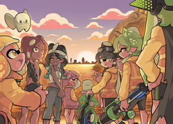  +_+ 1boy 6+girls bamboozler_14_(splatoon) bangs bike_shorts black_cape black_hair black_shirt black_shorts black_skirt blonde_hair blunt_bangs brown_eyes cape capri_pants chains cityscape closed_eyes closed_mouth cloud cloudy_sky commander_atarime commentary cousins dark_skin domino_mask dress earrings english_commentary eyebrows_visible_through_hair eyewear_on_head face_mask fangs gradient_hair grandfather_and_granddaughter green_hair grey_hair grey_pants hands_in_pockets headband headgear hero_charger_(splatoon) hero_roller_(splatoon) holding holding_weapon hood hood_down hood_up hoodie hoodie_dress jacket jewelry lake long_hair long_sleeves looking_at_viewer looking_back mask midriff miniskirt mole mole_under_eye mole_under_mouth multicolored_hair multiple_girls octarian octoling open_mouth pants pencil_skirt pendant pink_dress pink_hair pointy_ears purple_sky shirt short_dress short_hair shorts single_vertical_stripe skirt sky smile splatoon_(series) splatoon_2 splatoon_2:_octo_expansion statue suction_cups sunglasses sunset tank_top tentacle_hair vest waving weapon white_headband white_shirt wong_ying_chee yellow_jacket yellow_vest 