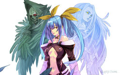  absurdres angel_wings artist_name asymmetrical_wings bare_shoulders belt blue_hair breasts center_opening collarbone dizzy_(guilty_gear) feathers female glowing glowing_eye guilty_gear guilty_gear_x guilty_gear_xx hair_ribbon highres large_breasts long_hair long_sleeves looking_at_viewer looking_to_the_side low_twintails midriff navel necro_(guilty_gear) parted_lips red_eyes ribbon solo standing stomach tsuna_(akmu8832) twintails undine_(guilty_gear) white_background wings yellow_eyes yellow_ribbon 