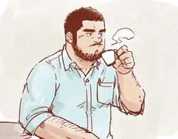  1boy :o arm_hair bara beard black_hair blowing collared_shirt cup facial_hair holding holding_cup male_focus mature_male muscular muscular_male original shirt short_hair sideburns sleeves_rolled_up solo steam suv_(suv032) thick_eyebrows unfinished upper_body 