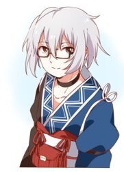  1boy brown_eyes choker collarbone fanny_pack glasses grey_hair hair_between_eyes light_smile looking_at_viewer male_focus morichika_rinnosuke namori_(style) sasaki_sakiko short_hair simple_background solo touhou upper_body white_background 