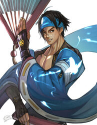  1boy abs belt_buckle black_clothes blue_headwear brown_eyes buckle collarbone fingerless_gloves folding_fan glasses gloves guilty_gear guilty_gear_strive hand_fan highres japanese_clothes male_focus mito_anji muscular muscular_male pectoral_cleavage pectorals short_hair signature simple_background smile solo_focus tsuna_(akmu8832) white_background wide_sleeves 