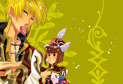  1boy bangs black_coat blonde_hair blush bob_cut brown_dress brown_eyes brown_hair bubble_blowing candy cape chewing_gum coat commentary_request creator_(ragnarok_online) cross cross_necklace dress ear_piercing eyebrows_visible_through_hair eyes_visible_through_hair female food gloves green_eyes hair_between_eyes hat high_priest_(ragnarok_online) jewelry layered_clothing living_clothes lollipop looking_to_the_side necklace open_mouth otsuki_(tm3n) piercing plume ragnarok_online red_cape shako_cap short_hair strapless strapless_dress teeth upper_body white_coat white_gloves winged_hat 