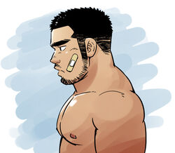  1boy bandaid bandaid_on_cheek bandaid_on_face bara beard black_hair dark-skinned_male dark_skin facial_hair from_side large_pectorals long_sideburns male_focus mature_male moustache muscular muscular_male nipples nude original pectorals short_hair sideburns solo suv_(suv032) thick_eyebrows upper_body 