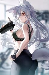  animal_ears ass bad_id bad_twitter_id bare_arms bare_shoulders black_gloves black_pants black_sports_bra blurry breasts cowboy_shot crop_top depth_of_field eyepatch female fingerless_gloves fox_ears fox_girl fox_tail from_side gloves grey_hair highres holding kawachi_rin long_hair looking_at_viewer looking_to_the_side medium_breasts midriff open_mouth original pants red_eyes revision sideboob sleeveless solo sports_bra standing sweatdrop tail tail_through_clothes tumbler v-shaped_eyebrows yoga_pants 