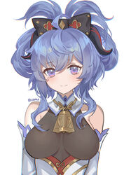  absurdres ahoge aihara_(aiharaorenji) alternate_hairstyle artist_name bangs bare_shoulders bell blue_hair blush borrowed_hairstyle bow breasts cinnamoroll detached_sleeves female ganyu_(genshin_impact) genshin_impact hairbow highres horns looking_at_viewer medium_breasts neck_bell no_nose purple_eyes sanrio short_hair sidelocks smile solo upper_body white_background white_sleeves 