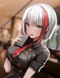  absurdres admiral_graf_spee_(azur_lane) admiral_graf_spee_(girl&#039;s_sunday)_(azur_lane) arm_at_side azur_lane black_dress blue_eyes blurry blurry_background blush breasts cellphone collared_dress commentary_request dress female full-face_blush hand_up highres holding holding_phone indoors looking_at_viewer medium_breasts multicolored_hair necktie official_alternate_costume open_mouth phone red_necktie seorang short_hair short_sleeves sleeve_cuffs smartphone solo streaked_hair two-tone_hair upper_body white_hair wooden_floor 