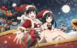  2girls araragi_karen araragi_tsukihi gift hat long_hair lowres monogatari_(series) monogatari_series_puc_puc multiple_girls santa_bikini santa_costume santa_hat siblings sisters sleigh 