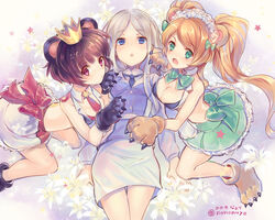  3girls animal_ears animal_hands artist_name bear_ears bear_girl bear_paws blue_eyes blush breasts brown_hair cleavage commentary_request crown flower girl_sandwich gloves lily_(flower) long_hair maid_headdress medium_breasts multiple_girls nonoya_nayori paw_gloves paw_shoes polygamy purple_eyes sandwiched shoes short_hair tsubaki_kureha twintails twitter_username yuri yuri_kuma_arashi yurigasaki_lulu yurishiro_ginko 