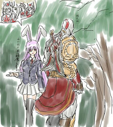  1boy animal_ears bald bandages blades_of_chaos chain_blades commentary_request dress god_of_war grey_hair hat image_sample inubashiri_momiji kratos_(god_of_war) long_hair multiple_girls nameo_(judgemasterkou) necktie nicoseiga_sample pink_hair rabbit_ears red_eyes reisen_udongein_inaba short_hair skirt sword tattoo touhou weapon 