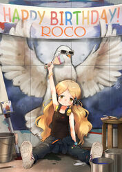  arm_at_side arm_up bad_id bad_pixiv_id bangle banner bird black_bow black_shirt blonde_hair blush bow bracelet brown_eyes bucket cd_case character_name clothes_around_waist commentary denim dove easel english_text fatboy_slim female hairbow handa_roco happy_birthday headphones headphones_around_neck highres holding holding_paintbrush idolmaster idolmaster_million_live! jacket jacket_around_waist jeans jewelry long_hair looking_at_viewer mural okayparium on_ground paint_can paint_splatter paint_splatter_on_face paintbrush pants parody polka_dot polka_dot_bow rag shirt shoe_soles shoes signature sitting sleeveless sleeveless_shirt smile sneakers solo spread_legs stained_clothes stool sunglasses twintails 