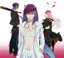  1boy 2girls banchou blue_hair chewing_gum cu_chulainn_(fate) cu_chulainn_alter_(fate) delinquent fate/grand_order fate_(series) full_body gae_bolg_(fate) hinatsu holding holding_weapon long_hair looking_at_viewer medb_(fate) midriff multiple_girls navel pantyhose pink_hair polearm purple_hair red_eyes sarashi scathach_(fate) school_uniform serafuku short_hair spear tattoo weapon 