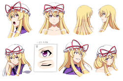  absurdres bare_shoulders blonde_hair blush chart collarbone commentary_request crazy_eyes crazy_grin crazy_smile d: dress expressionless expressions female grin hat head_rest highres kyoukyan lipstick long_hair looking_at_viewer makeup mob_cap multiple_views no_headwear open_mouth portrait purple_eyes reference_sheet shy smile tabard touhou tsurime yakumo_yukari 