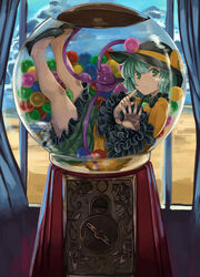  against_glass blue_sky bow candy chewing_gum cloud collared_shirt commentary_request curtains desert eyeball female floral_print food frilled_sleeves frills glass green_eyes green_hair green_skirt gumball gumball_machine hakai_no_ika hat hat_bow hat_ribbon heart heart_of_string highres indoors komeiji_koishi long_sleeves medium_hair mountain photoshop_(medium) pointing pointing_at_self ribbon sand shirt shoes skirt sky solo string third_eye touhou wavy_hair wide_sleeves window yellow_ribbon yellow_shirt 