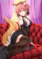  animal_ears backless_dress backless_outfit bare_shoulders black_dress black_footwear black_ribbon black_thighhighs blush breasts brown_eyes chrisandita cleavage closed_mouth collaboration collarbone commentary couch curtains detached_sleeves dress english_commentary fate/extra fate_(series) female fox_ears fox_tail hair_between_eyes hair_ribbon high_heels high_ponytail highres long_hair long_sleeves medium_breasts pink_hair ponytail ribbon shoes smile smodzz998 solo tail tamamo_(fate) tamamo_no_mae_(fate/extra) thighhighs 