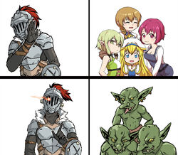  2018 5_fingers aesice armor blonde_hair breasts closed_eyes clothing cow_girl_(goblin_slayer) drakeposting elf female fingers goblin goblin_slayer goblin_slayer_(character) green_body green_clothing green_eyes green_skin group guild_girl_(goblin_slayer) hair headgear helmet high_elf_archer_(goblin_slayer) hotline_bling human humanoid humanoid_pointy_ears male mammal meme not_furry open_mouth open_smile priestess_(goblin_slayer) simple_background smile tongue white_background 