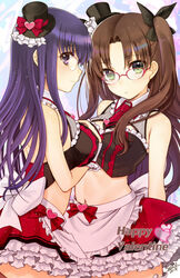  2girls apron bad_id bad_pixiv_id bespectacled black_bow black_hat bow breasts brown_hair closed_mouth commentary_request crop_top fate/grand_order fate_(series) frilled_apron frilled_skirt frills glasses green_eyes hairbow hat head_tilt heart large_breasts long_hair looking_at_viewer looking_to_the_side matou_sakura matou_sakura_(street_choco-maid) medium_breasts midriff mini_hat mini_top_hat multiple_girls navel necktie parted_lips pink-framed_eyewear profile purple_eyes purple_hair purple_necktie red_bow red_skirt seiru_(prairie) short_necktie siblings sisters skirt smile tohsaka_rin tohsaka_rin_(street_choco-maid) top_hat two_side_up very_long_hair waist_apron white_apron white_bow 