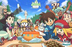  6+boys 6+girls :d :o :q ^_^ aero_(mega_man) anniversary arm_up arms_up bad_id bad_pixiv_id barrell_caskett_(mega_man) barrett_(mega_man) beard blonde_hair blue_sky blush bon_bonne_(mega_man) brown_hair brown_headwear brown_jacket brown_suit cabbie_hat cake champagne_flute closed_eyes closed_mouth cloud collared_shirt copyright_name cup dark-skinned_female dark_skin data_(mega_man) day drinking_glass earrings everyone facial_hair food formal goggles goggles_on_head green_eyes green_hair grey_hair hairband happy hat helmet holding holding_cup inspector_(mega_man) jacket jewelry logo looking_down mega_man_(series) mega_man_legends_(series) mega_man_volnutt monkey moustache multiple_boys multiple_girls necktie open_mouth outdoors pink_hair pink_hairband pizza plate puffy_short_sleeves puffy_sleeves purple_headwear red_eyes red_headwear red_jacket red_necktie rinji_(bonus-level) roll_caskett_(mega_man) salute sera_(mega_man) shirt short_hair short_sleeves sky smile suit table teeth teisel_bonne_(mega_man) thumbs_up toasting_(gesture) tongue tongue_out tron_bonne_(mega_man) upper_teeth_only white_headwear white_shirt yuna_(mega_man) 