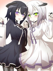  2girls abyssal_ship abyssal_twin_princess_(black) abyssal_twin_princess_(white) alternate_costume bag black_dress black_nails breast_press breasts commentary_request dress goma_(gomasamune) gradient_background green_eyes hair_ornament hands_up highres holding holding_bag kantai_collection long_sleeves looking_at_viewer mitsukoshi_(department_store) multiple_girls nail_polish open_mouth pantyhose product_placement purple_eyes ribbon shopping_bag short_hair smile symmetrical_docking white_dress 