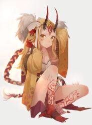  blonde_hair fate/grand_order fate_(series) female fixing_hair horns ibaraki_douji_(fate/grand_order) japanese_clothes kimono legs long_hair looking_at_viewer monster_girl oni simple_background sitting slit_pupils tattoo toenails white_background yellow_eyes 