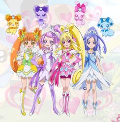  4girls aida_mana aoyama_mitsuru arm_warmers bike_shorts blonde_hair blue_bow blue_eyes blue_hair boots bow brooch brown_eyes brown_hair canine choker creature cure_diamond cure_heart cure_rosetta cure_sword curly_hair davi_(dokidoki!_precure) dokidoki!_precure double_bun feline flower full_body green_choker hair_bun hair_flower hair_ornament hair_ribbon hairclip half_updo hand_on_own_hip heart heart_brooch high_ponytail high_side_ponytail hishikawa_rikka jewelry kenzaki_makoto knee_boots long_hair magical_girl multiple_girls official_art pink_arm_warmers pink_bow pink_eyes pink_footwear pink_sleeves precure purple_arm_warmers purple_choker purple_eyes purple_footwear purple_hair purple_legwear purple_skirt rabbit rakeru_(dokidoki!_precure) rance_(dokidoki!_precure) ribbon sharuru_(dokidoki!_precure) shoes short_hair shorts shorts_under_skirt side_ponytail skirt smile spade_(shape) spade_hair_ornament thigh_boots thighhighs waist_bow wide_ponytail wrist_cuffs yotsuba_alice 