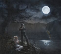  1boy bare_tree black_hair black_pants black_shirt blonde_hair clapping commentary_request couple dress dress_shirt female final_fantasy final_fantasy_xv fish fishing fishing_rod formal full_moon lunafreya_nox_fleuret mishio moon night noctis_lucis_caelum official_style pants parody ponytail protected_link shirt sitting straight tree wariza white_dress 