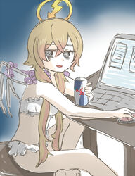  6269 can commentary_request computer cq_tenshi_hamuel drink female halo laptop magical_girl mahou_shoujo_ikusei_keikaku mahou_shoujo_ikusei_keikaku_aces mahou_shoujo_ikusei_keikaku_queens red_bull sitting solo wings 