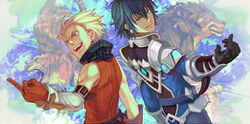  2boys barbarian black_hair blonde_hair blue_eyes commentary_request dragon_nest earrings fangs jewelry mask_alice middle_finger multiple_boys pointing red_eyes skull smirk tiger 