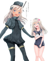  2girls :d blonde_hair blue_eyes bodysuit commentary_request cosplay costume_switch covered_navel crop_top cropped_jacket diving_suit dual_persona embarrassed flower garrison_cap hair_flower hair_ornament hat highres irohakaede kantai_collection long_hair long_sleeves military military_uniform multiple_girls one-piece_swimsuit open_mouth puffy_long_sleeves puffy_sleeves ro-500_(kancolle) ro-500_(kancolle)_(cosplay) sailor_collar school_swimsuit simple_background smile swimsuit swimsuit_under_clothes tan time_paradox translation_request u-511_(kancolle) u-511_(kancolle)_(cosplay) uniform wavy_mouth wetsuit white_background 