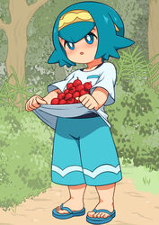  aged_down blue_eyes blue_hair blush commentary_request female food forest fruit hairband kevin.g.tuck lana_(pokemon) nature pokemon pokemon_(anime) pokemon_sm_(anime) sandals shirt_basket solo 