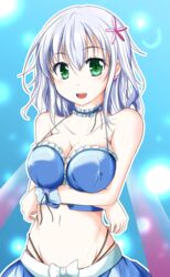  :d amagi_brilliant_park bikini bikini_top_only blue_hair blue_skirt breast_hold breasts choker cleavage collarbone commentary_request covered_nipples crossed_arms female frilled_choker frills green_eyes groin hair_between_eyes hair_ornament halterneck highres large_breasts looking_at_viewer muse_(amaburi) nanaume_(shichimi_tougarashi) navel open_mouth skirt smile solo stomach swimsuit upper_body 