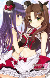  2girls apron bad_id bad_pixiv_id black_bow black_hat bow breasts brown_hair closed_mouth commentary_request crop_top fate/grand_order fate_(series) frilled_apron frilled_skirt frills green_eyes hairbow hat head_tilt heart large_breasts long_hair looking_at_viewer looking_to_the_side matou_sakura matou_sakura_(street_choco-maid) medium_breasts midriff mini_hat mini_top_hat multiple_girls navel necktie profile purple_eyes purple_hair purple_necktie red_bow red_skirt seiru_(prairie) short_necktie siblings sisters skirt smile tohsaka_rin tohsaka_rin_(street_choco-maid) top_hat two_side_up very_long_hair waist_apron white_apron white_bow 