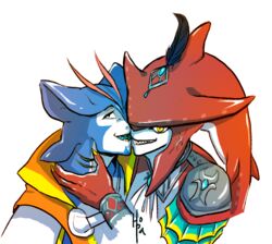  blaytz blue_body blue_skin breath_of_the_wild clothed clothing crossover duo fish gills grin male marine netflix nintendo prince_sidon red_body scar shark smile the_legend_of_zelda voltron voltron_legendary_defender yellow_eyes zora 