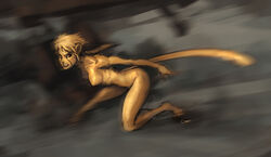  artist_name barefoot blonde_hair cat_tail cheetah_(dc) colored_skin commentary darren_geers dc_comics english_commentary facial_mark female monster_girl motion_blur photoshop_(medium) red_eyes running solo tail teeth wonder_woman_(series) yellow_skin 