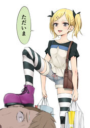  bad_id bad_pixiv_id bag blonde_hair female foot_on_head hair_ornament hair_ribbon hairclip highres legs mole mole_under_eye photoshop_(medium) ribbon roro_(qualitynine) shirobako shopping_bag short_hair short_twintails slim_legs smile striped_clothes striped_thighhighs takanashi_tarou thighhighs translated twintails yano_erika 