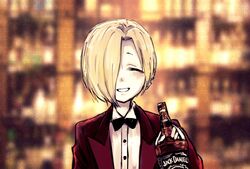  ^_^ alcohol bartender blurry blurry_background blush bottle bow bowtie closed_eyes commentary_request depth_of_field dokuromaru female formal holding holding_bottle idolmaster idolmaster_cinderella_girls jack_daniel&#039;s parted_lips red_suit shirasaka_koume shirt sleeves_past_wrists smile solo suit the_shining transparent wall_of_text whiskey white_shirt 